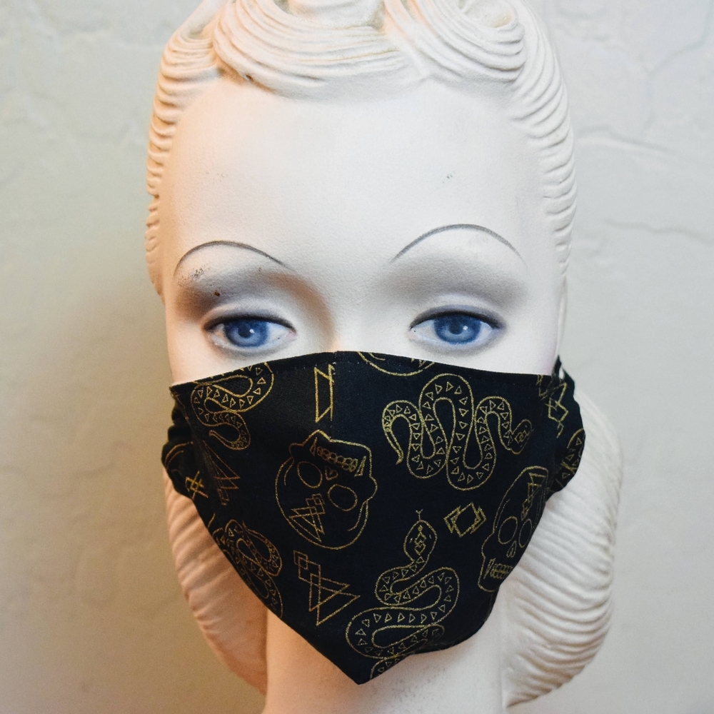 Blk/gold snake & skull reusable cotton face mask